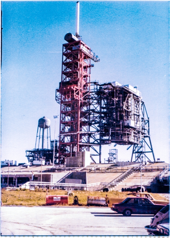Image 049. The Rotating Service Structure at Space Shuttle Launch Complex 39-B, Kennedy Space Center, Florida spans the Flame Trench following its first-ever rotational proof-test, just prior to being retracted back to the demate position it was constructed in by Union Ironworkers from Local 808 working for Wilhoit Steel Erectors. Photograph by James MacLaren. Image 049. The Rotating Service Structure at Space Shuttle Launch Complex 39-B, Kennedy Space Center, Florida spans the Flame Trench following its first-ever rotational proof-test, just prior to being retracted back to the demate position it was constructed in by Union Ironworkers from Local 808 working for Wilhoit Steel Erectors. Photograph by James MacLaren.